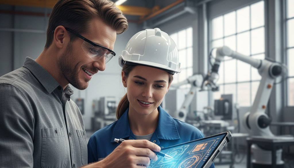 Ingénieurs discutant de plans techniques dans une usine moderne.