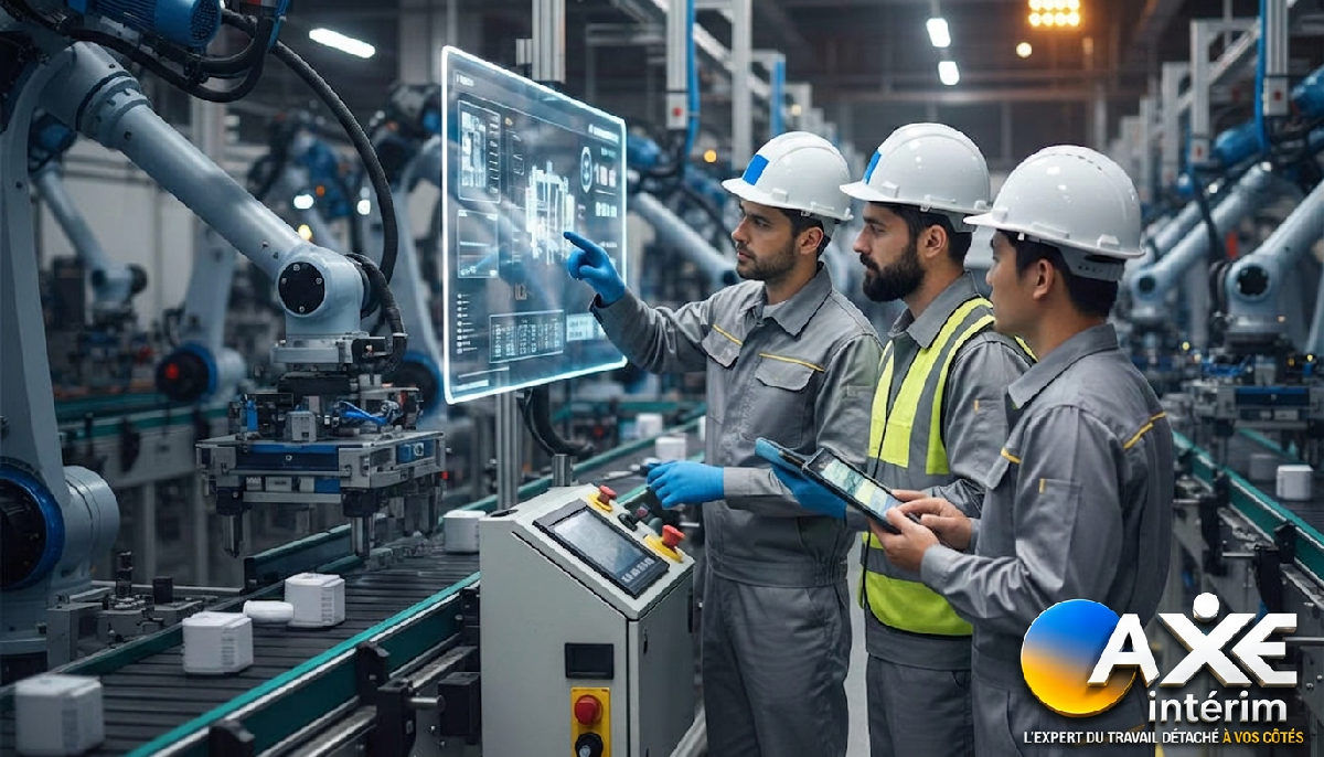 Techniciens et opérateurs travaillant ensemble sur une ligne automatisée.