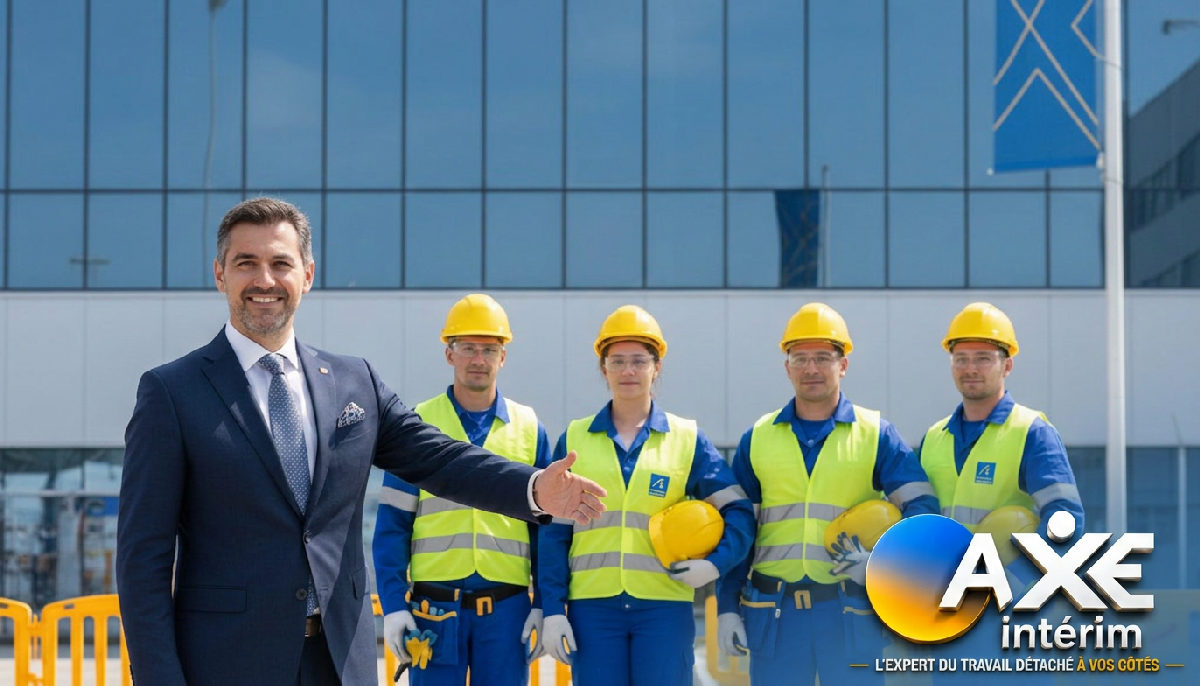 Responsable RH accueillant des travailleurs roumains devant une usine.