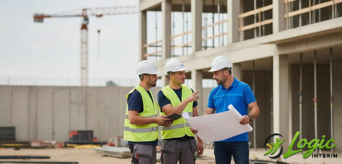 Intérimaires roumains et chef de chantier devant un bâtiment en construction.