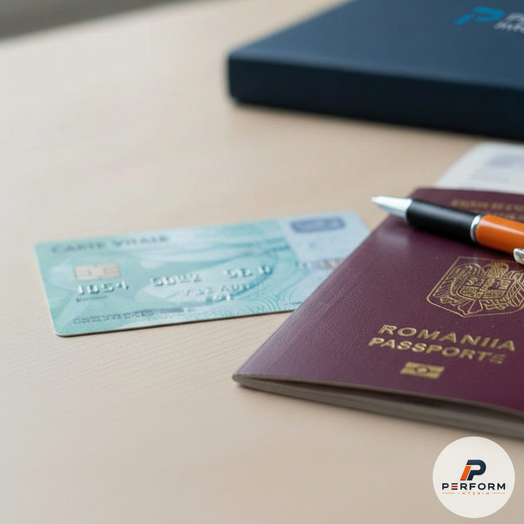 Carte Vitale française et passeport roumain, symboles d'intégration.