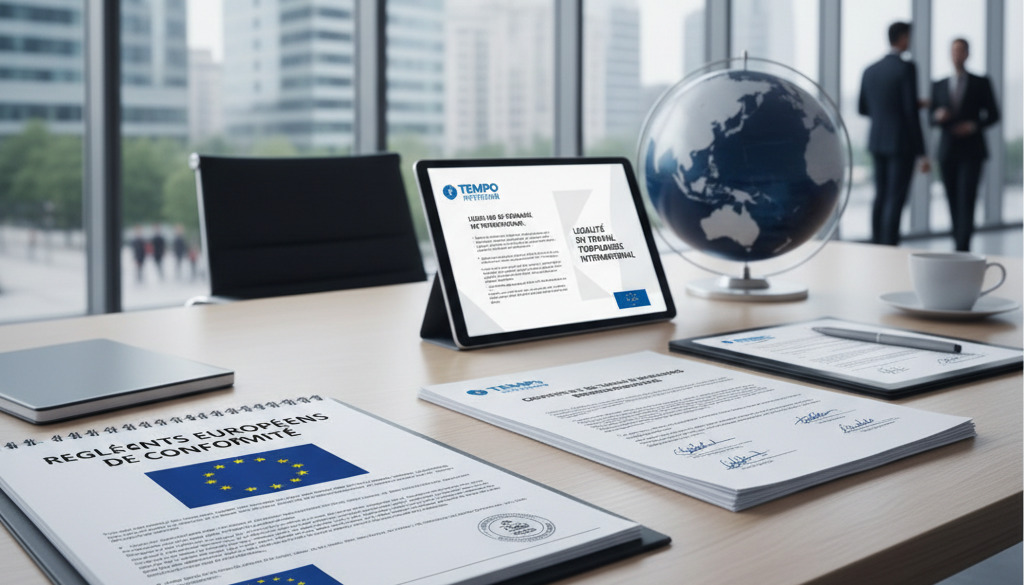 Bureau moderne avec documents de conformité et contrats européens.