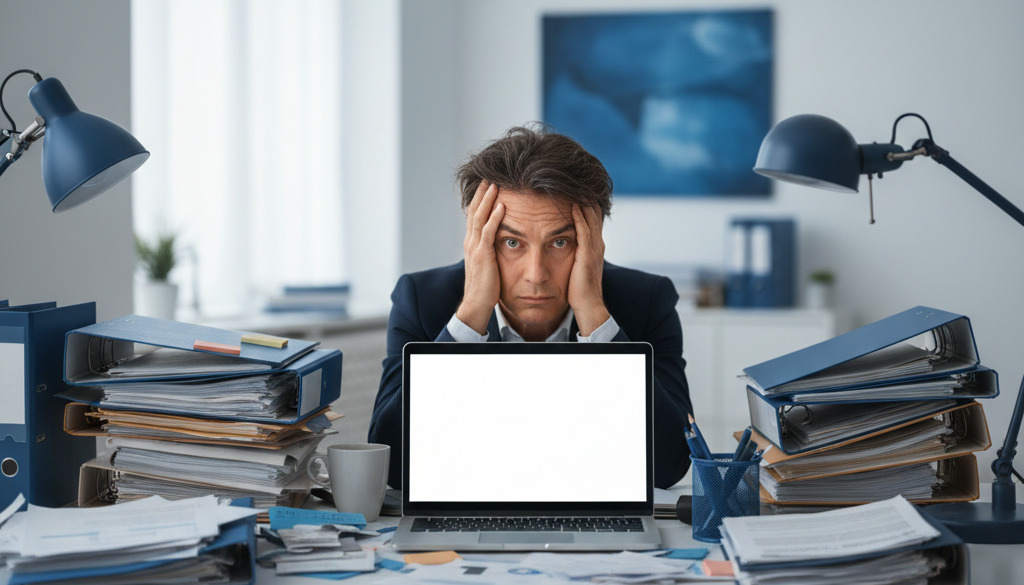 Stressed business owner overwhelmed by work and a blank screen.