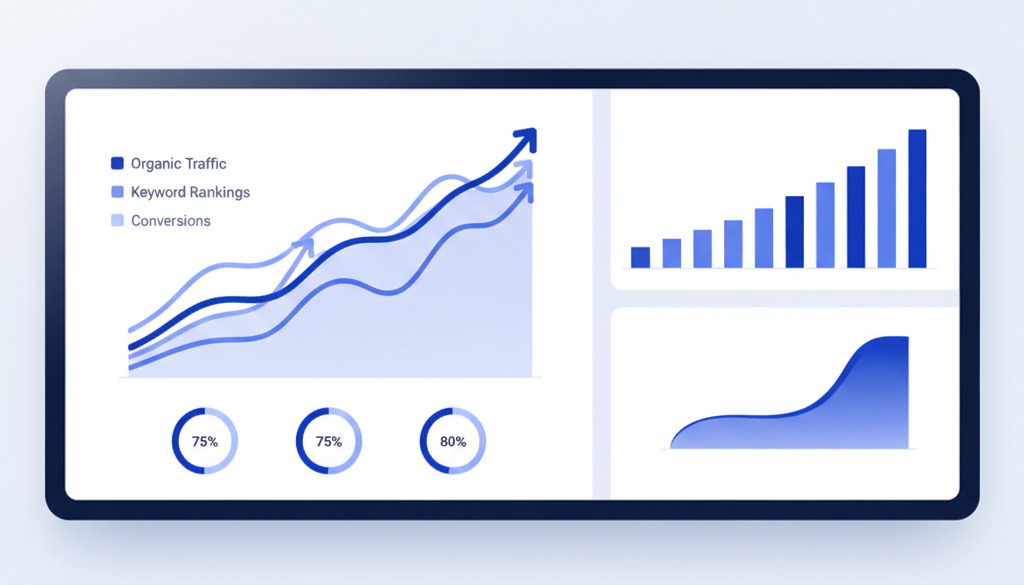 SEO dashboard showing steady improvement in key metrics.