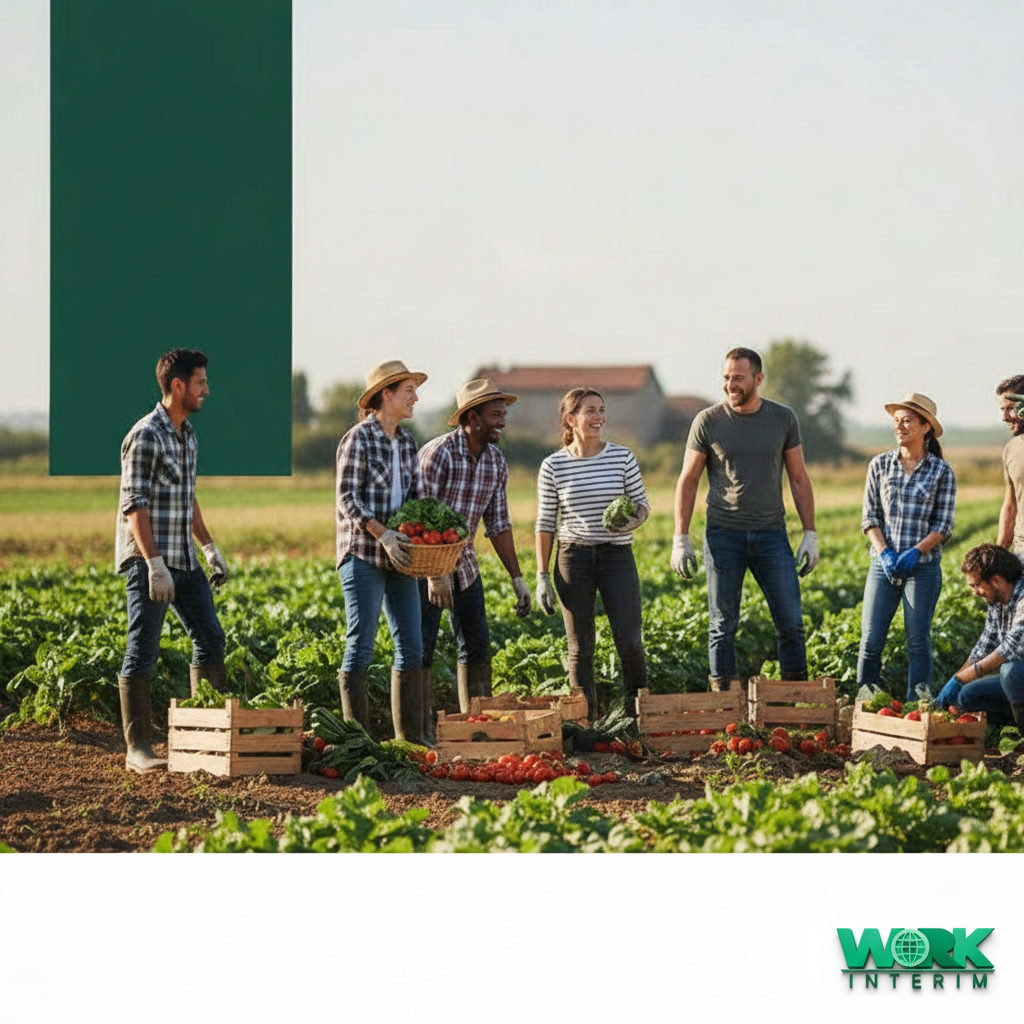 Travailleurs saisonniers agricoles diversifiés travaillant ensemble dans un champ.