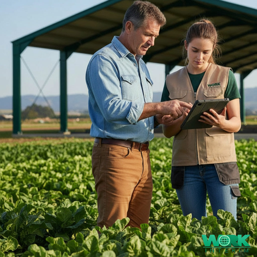 Formation à la modernisation : agriculteur montrant une tablette à un jeune travailleur.