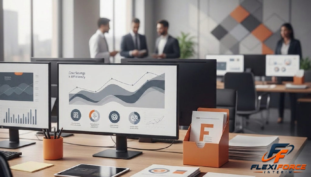 Bureau RH moderne avec graphiques d'économies et dossiers de recrutement.