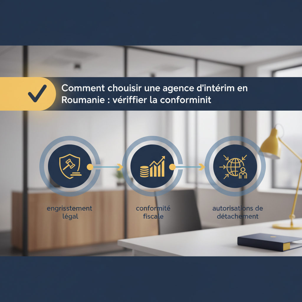 Infographie illustrant les étapes clés pour vérifier la légalité d'une agence d'intérim roumaine, incluant des icônes pour l'enregistrement légal, la conformité fiscale et les autorisations de détachement. Le titre de l'image pourrait être 'Comment choisir une agence d'intérim en Roumanie : vérifier la conformité'.