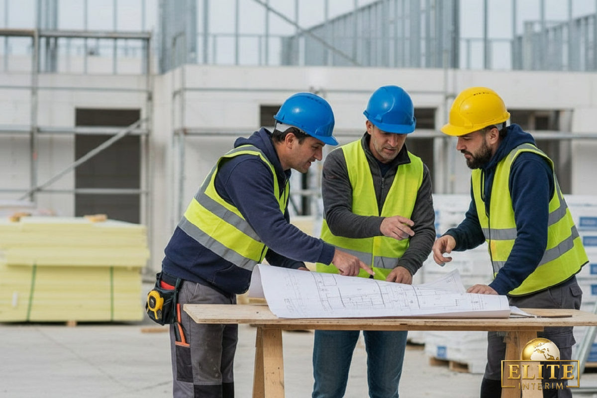 Travailleurs roumains et français discutent sur un chantier.
