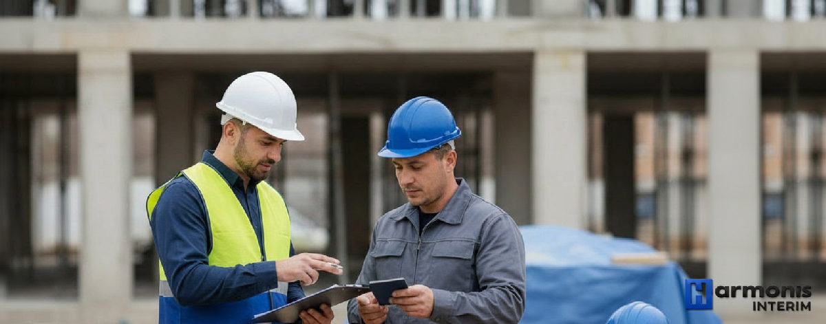 Inspecteur vérifiant les documents d'un travailleur détaché sur chantier.