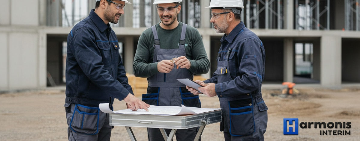 Maçons roumains en réunion de chantier avec leur chef d'équipe français.