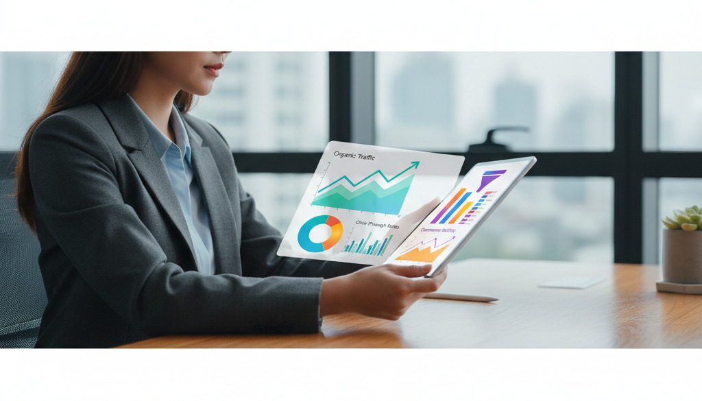 Business professional reviews SEO dashboard showing growth metrics on tablet.