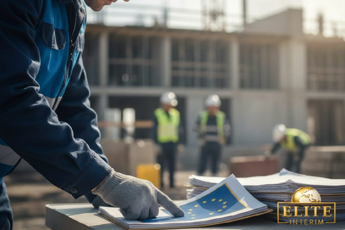 Inspecteur vérifiant conformité sur chantier, zoom sur logo UE du A1.