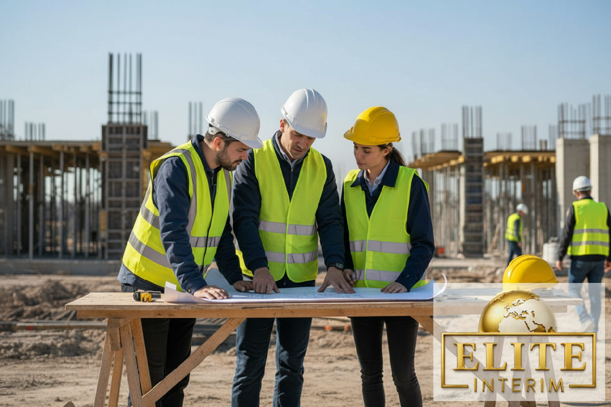 Équipe multiculturelle (français, roumains) échangeant sur plan de chantier.