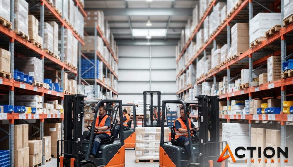 Entrepôt logistique animé avec des caristes efficaces.