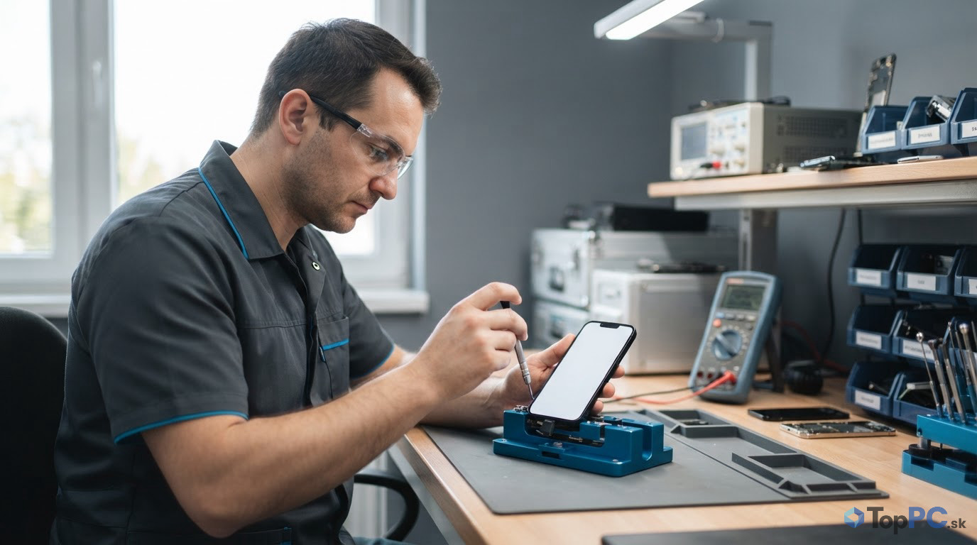 Technik kontroluje iPhone v profesionálnom servise pomocou špeciálnych nástrojov.