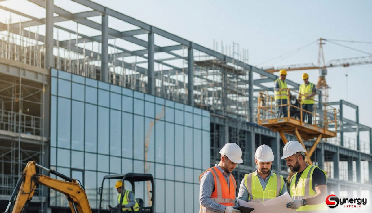 Synergie Intérim : optimise RH travail détaché 1 synergy intérim optimisation rh - Chantier moderne : ouvriers qualifiés travaillant en synergie.