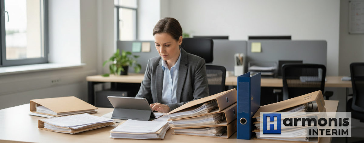 Gestionnaire RH examinant des dossiers pour travailleurs intérimaires.