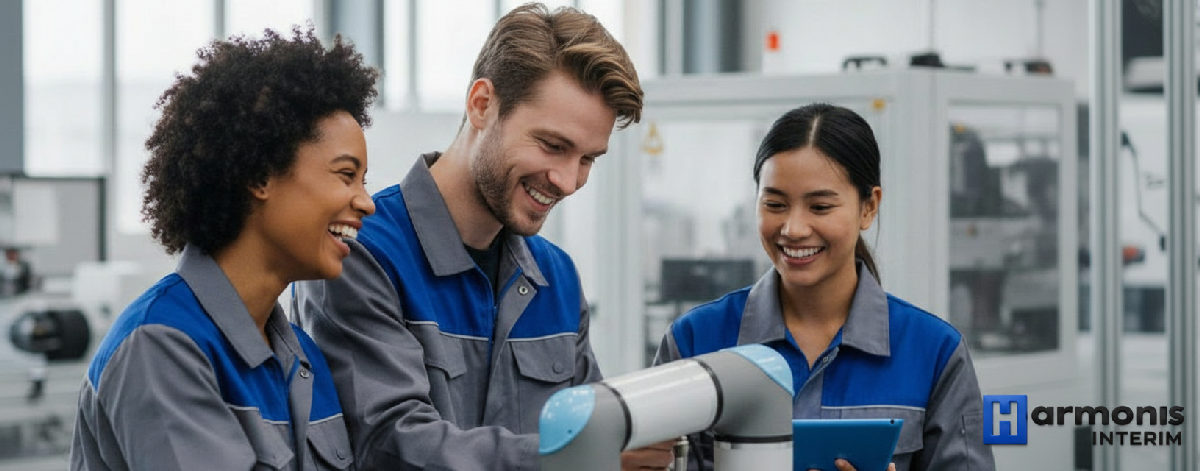 Travailleurs internationaux souriants collaborant dans une usine.