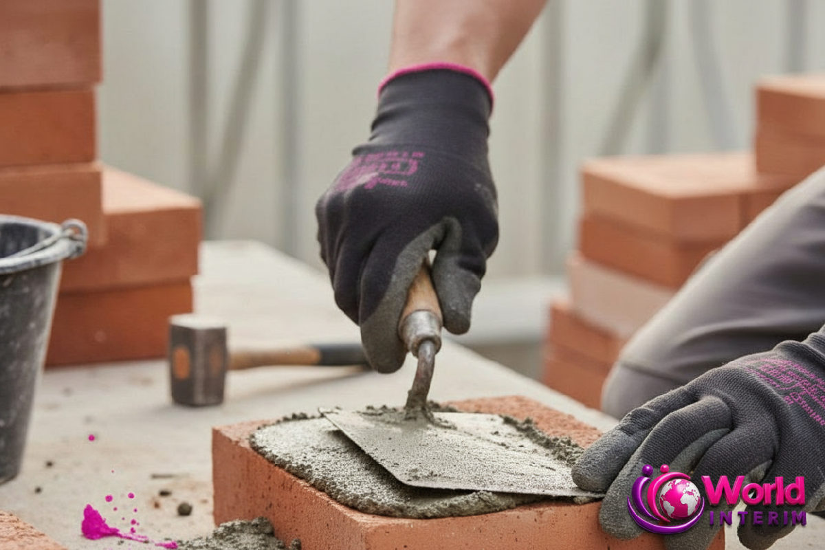 Gros plan sur les mains d'un maçon appliquant du mortier avec précision.