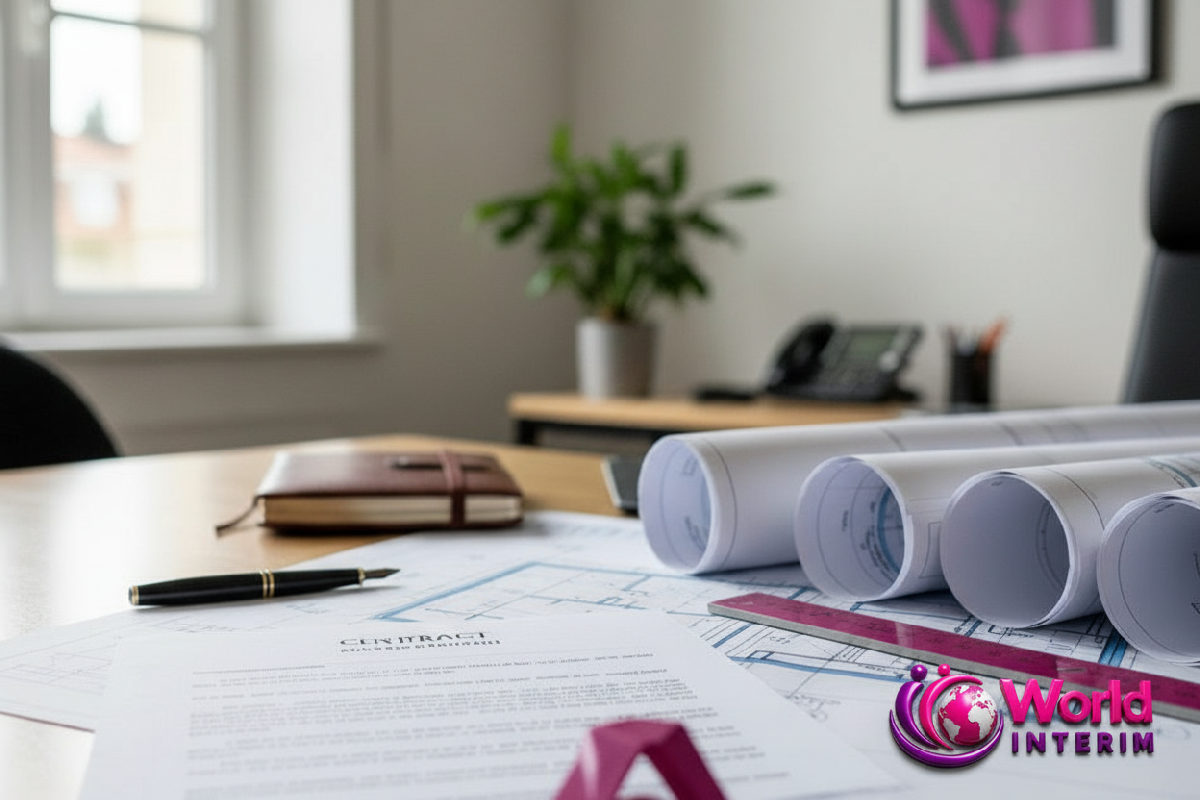 Bureau de construction française : contrat avec World Interim et plans de chantier.