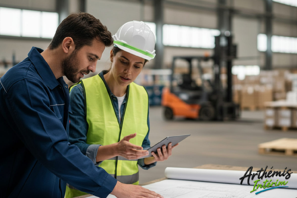 Équipe de logisticiens discutant d'un plan de chargement pour optimiser les flux.
