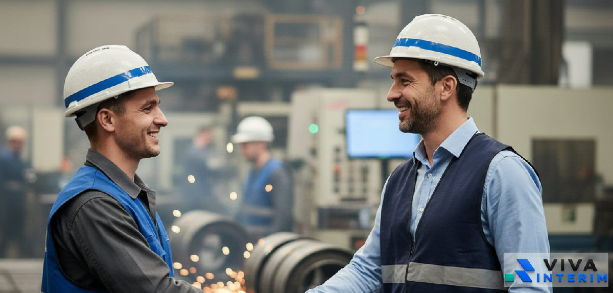 Partenariat réussi : manager français et travailleur roumain se serrent la main.