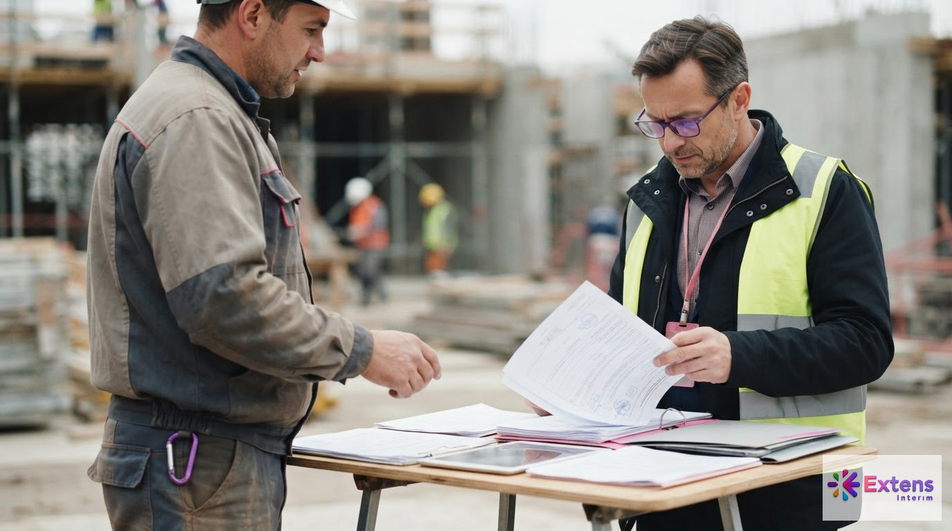 Un inspecteur vérifiant la conformité administrative des documents sur un chantier.