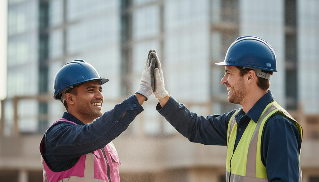 Travailleurs de nationalités différentes se congratulant pour un chantier réussi.