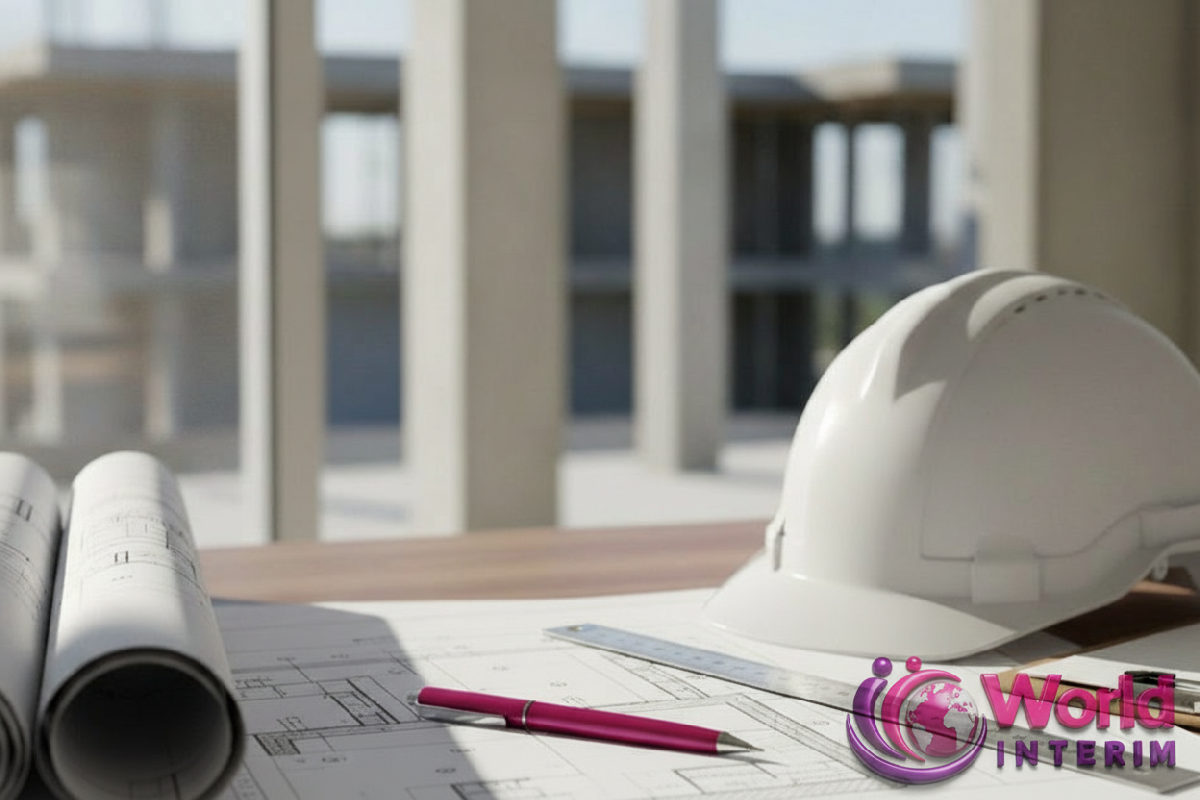 Bureau de chantier avec plans et casque, gestion administrative.