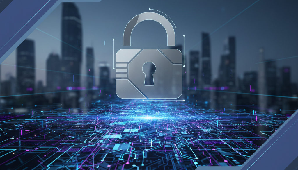 Symbol für Sicherheit und Verschlüsselung über digitalem Datenstrom.