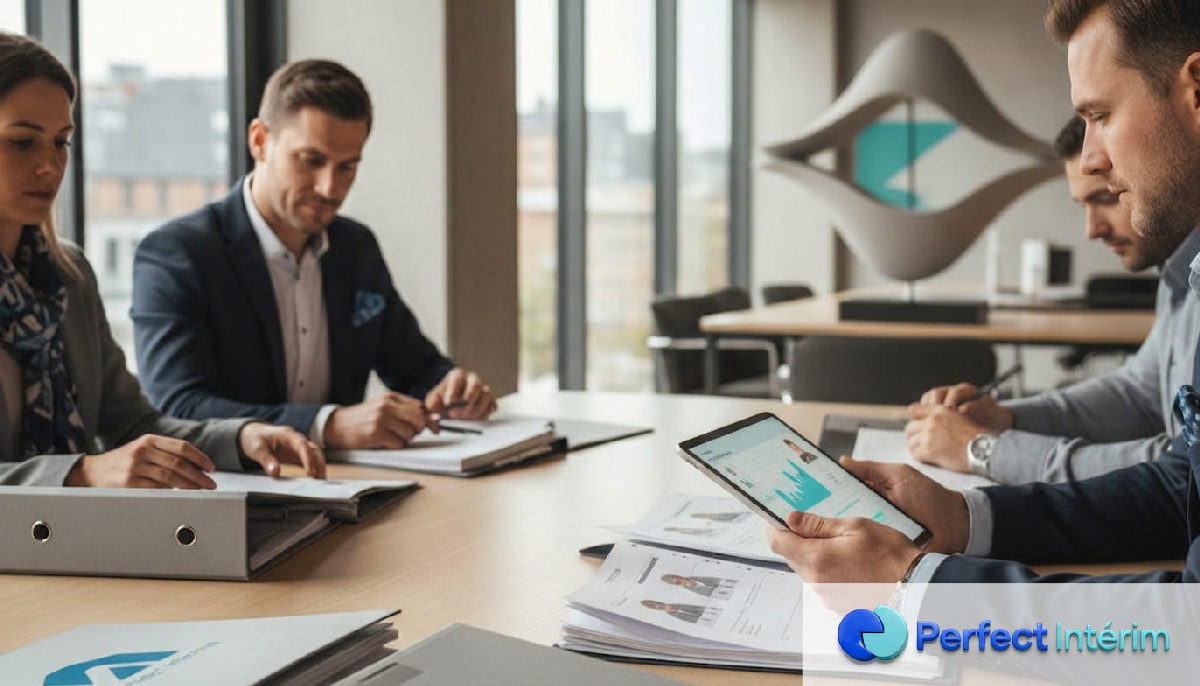 Experts analysant des dossiers de soudeurs roumains dans un bureau moderne.