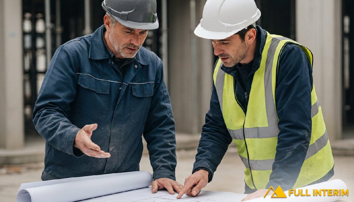 Collaboration BTP: chef de chantier et travailleur détaché discutent un plan.