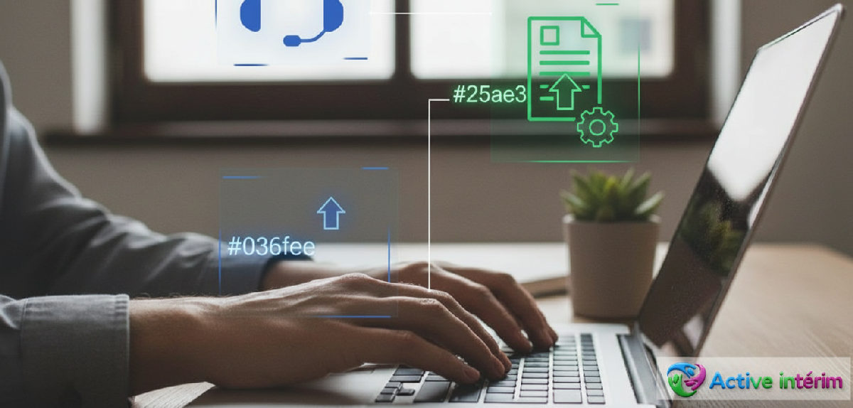 Mains tapant au clavier avec des icônes de support.