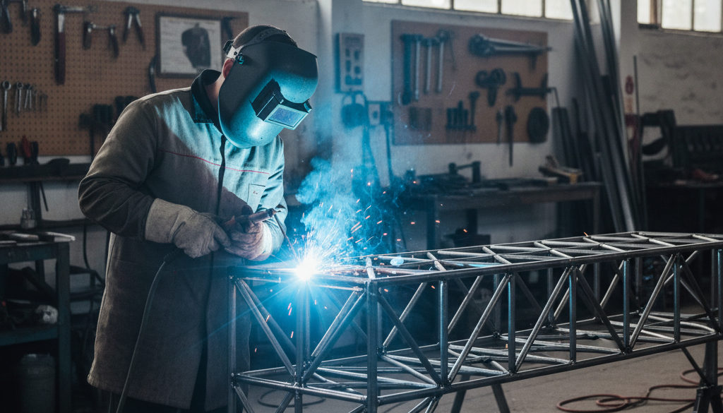 Technicien roumain soudant une structure métallique avec précision.