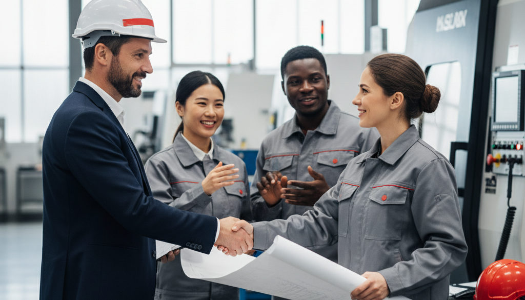 Collaboration internationale : manager français et technicien roumain discutent.