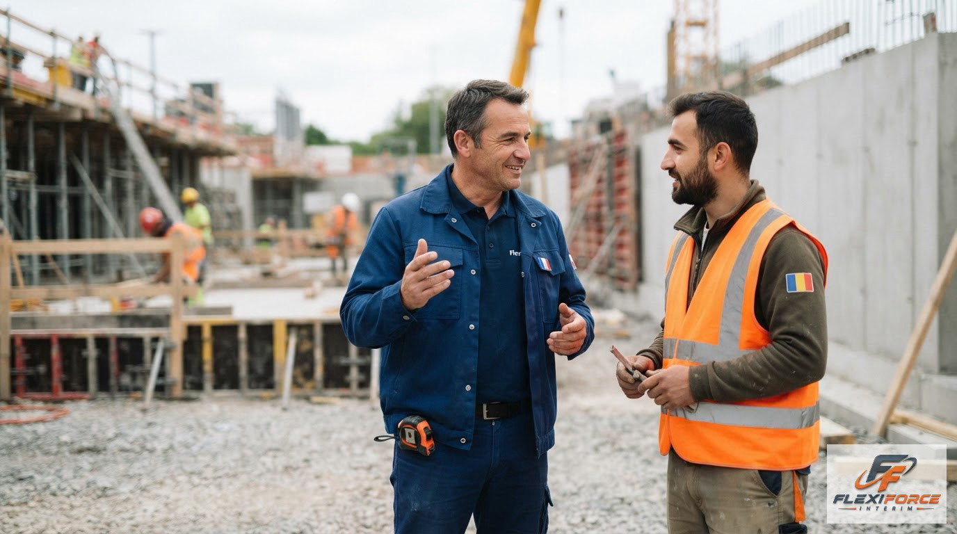 Contremaître français et ouvrier roumain échangeant sur un chantier de construction.