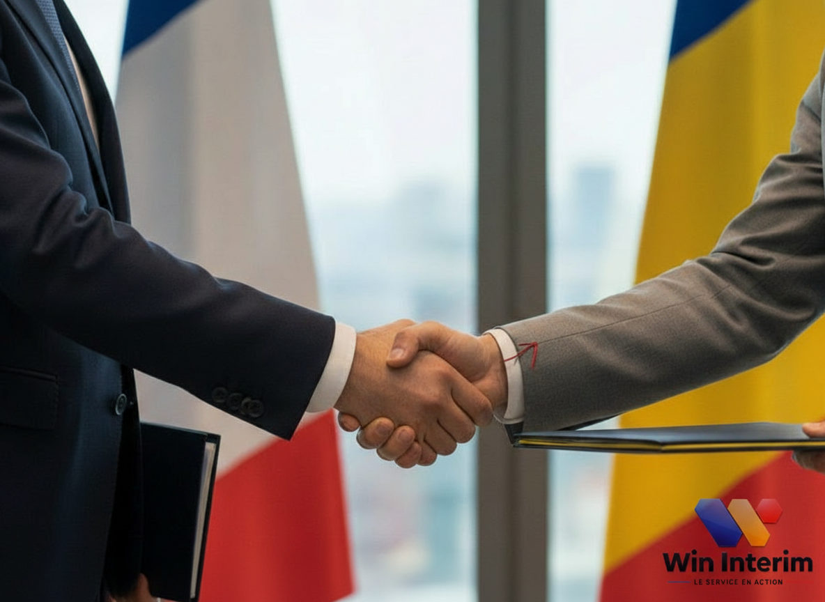 Poignée de main entre professionnels, symbolisant le partenariat France-Roumanie.