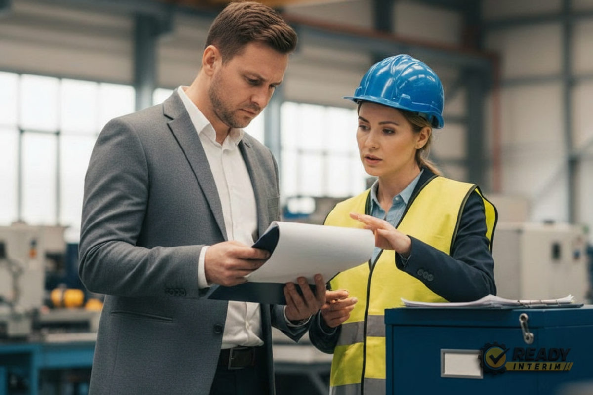 Inspecteur du travail contrôlant la conformité sur un site industriel.