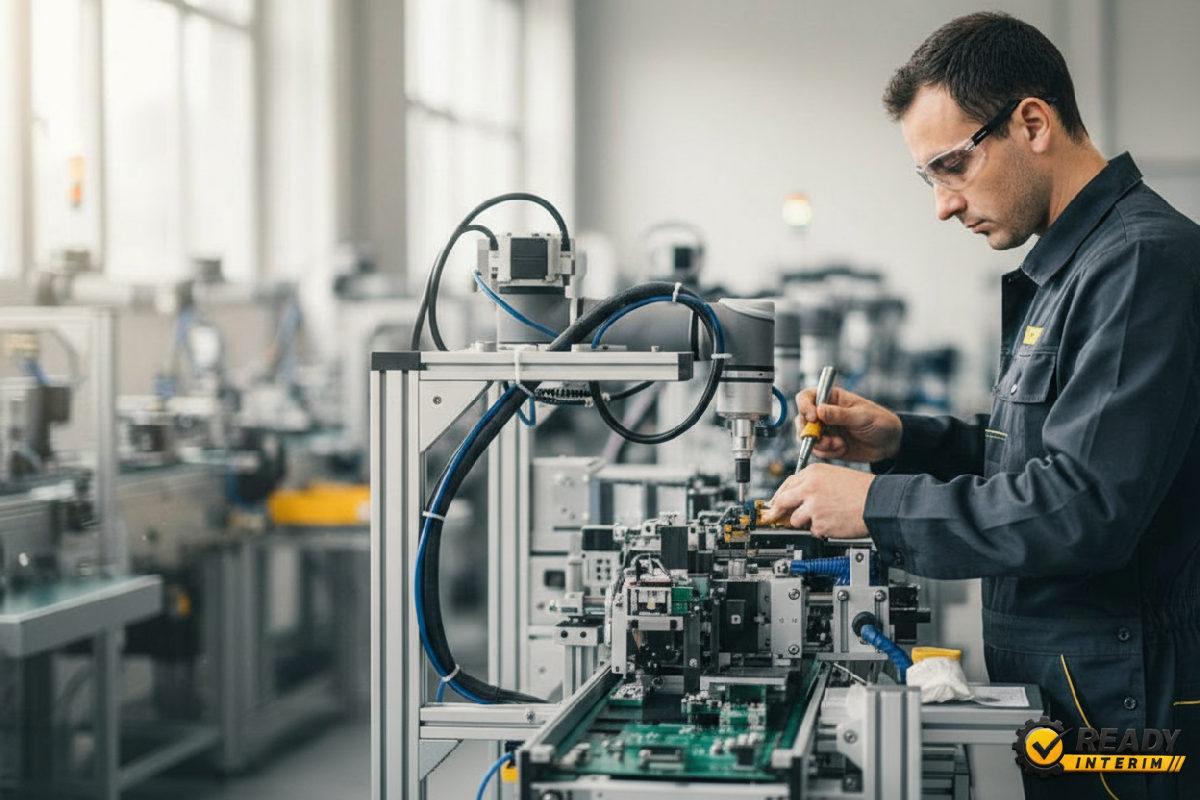 Ouvrier roumain qualifié sur une ligne de production en France.