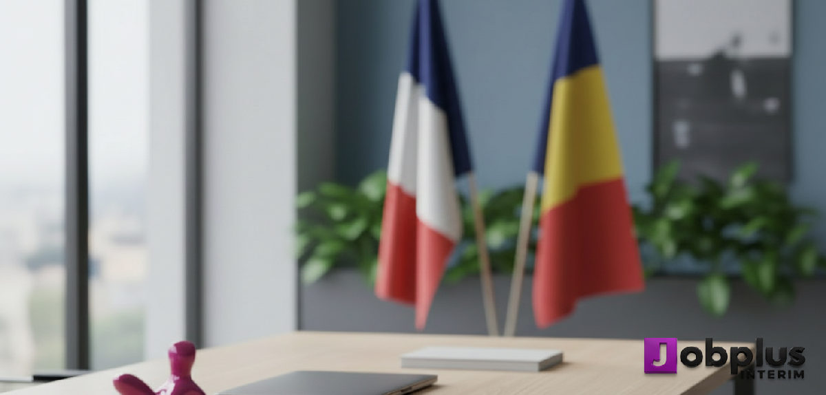 Bureau avec drapeaux français et roumains, symbole de coopération.