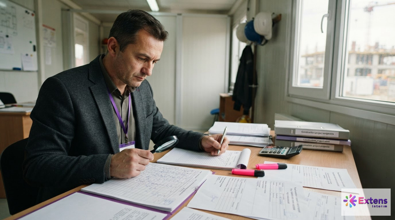 Un inspecteur vérifiant des documents de travail pour des employés détachés.