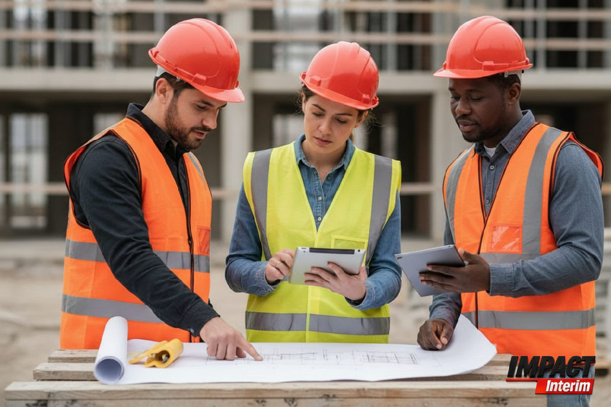 Équipe de techniciens du bâtiment discutant des plans sur un chantier.