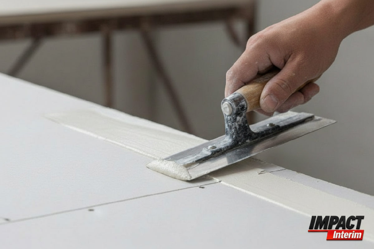 Gros plan sur une main appliquant de l'enduit sur une plaque de plâtre.