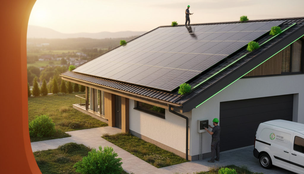 Šťastná rodina relaxující před domem s funkční fotovoltaickou elektrárnou.