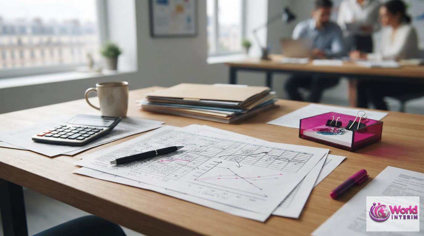 Bureau avec documents comptables et graphiques d'optimisation des coûts salariaux.