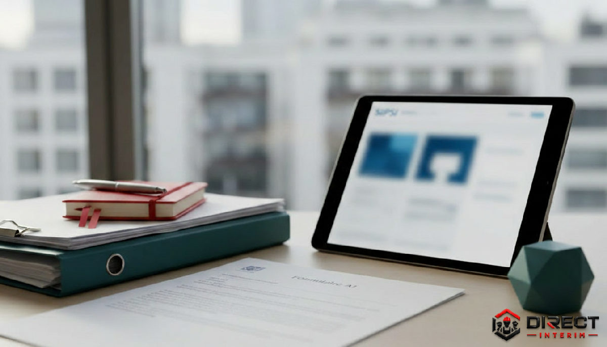 Bureau avec documents juridiques, formulaire A1 et portail SIPSI pour la conformité.