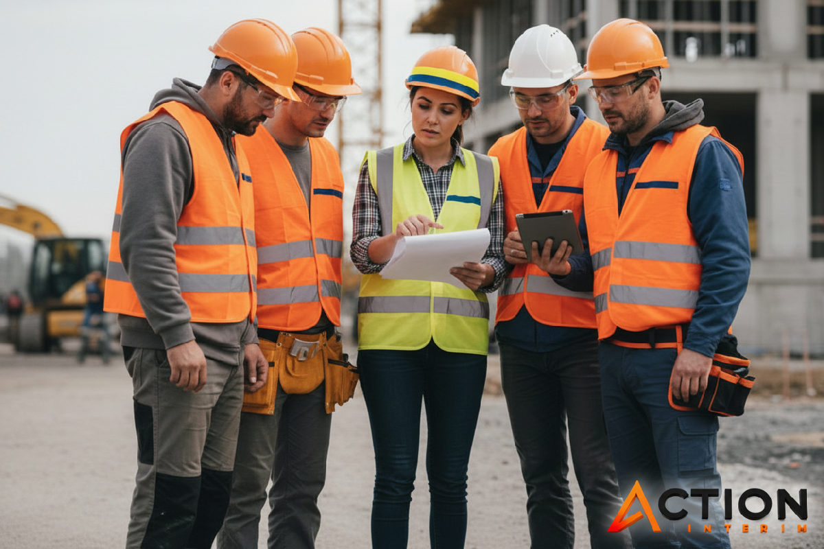 Superviseur sur un chantier examinant des documents de conformité avec des travailleurs roumains.