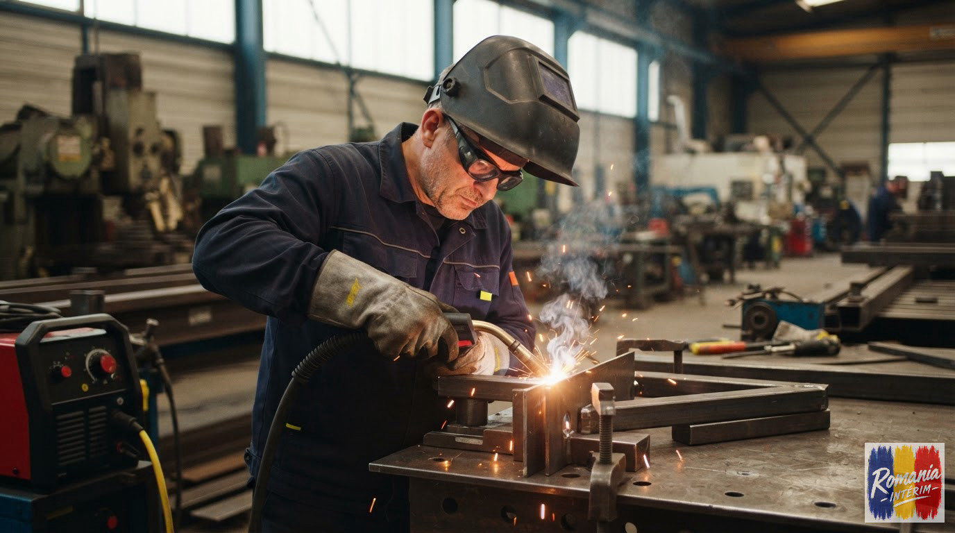 Un ouvrier roumain effectue des travaux de soudure dans un atelier industriel.
