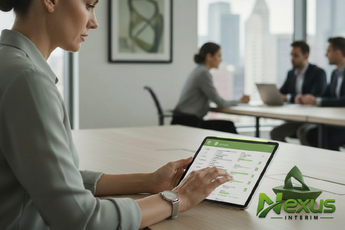 Responsable RH vérifiant la conformité légale sur tablette.
